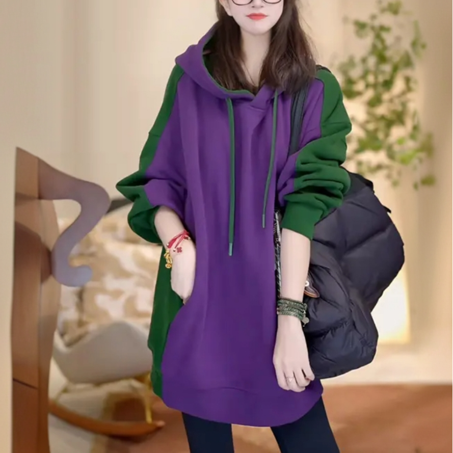 复古气质休闲时尚拼色连帽卫衣女秋冬宽松中长款长袖上衣冬季外套