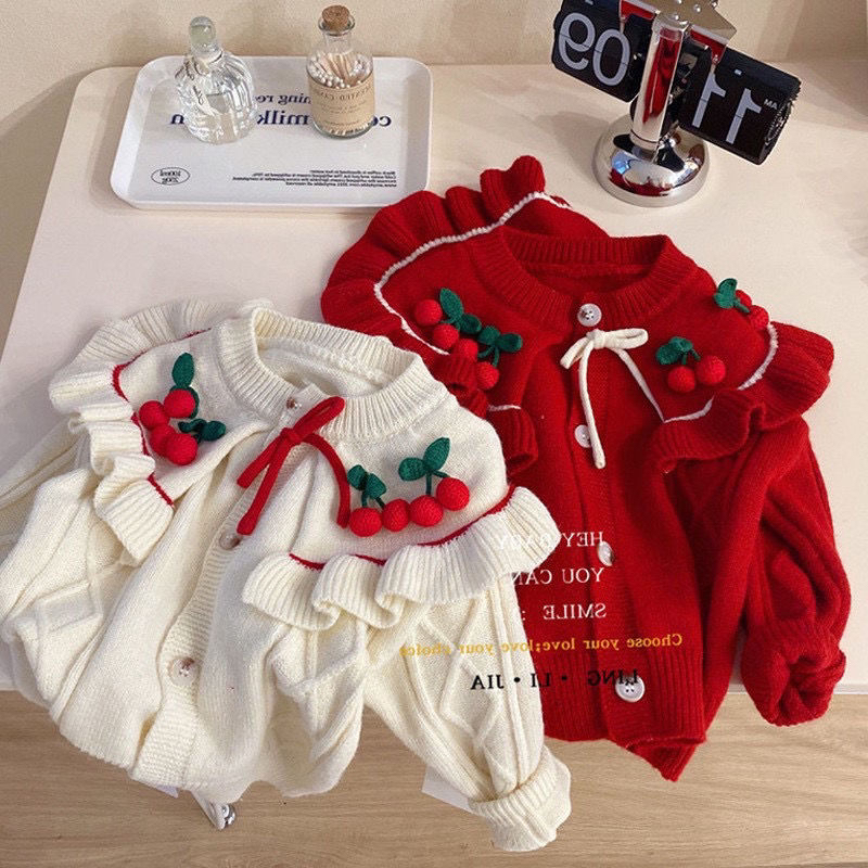 女童针织开衫2025新款洋气儿童秋冬毛衣外套韩版樱桃童装宝宝秋装