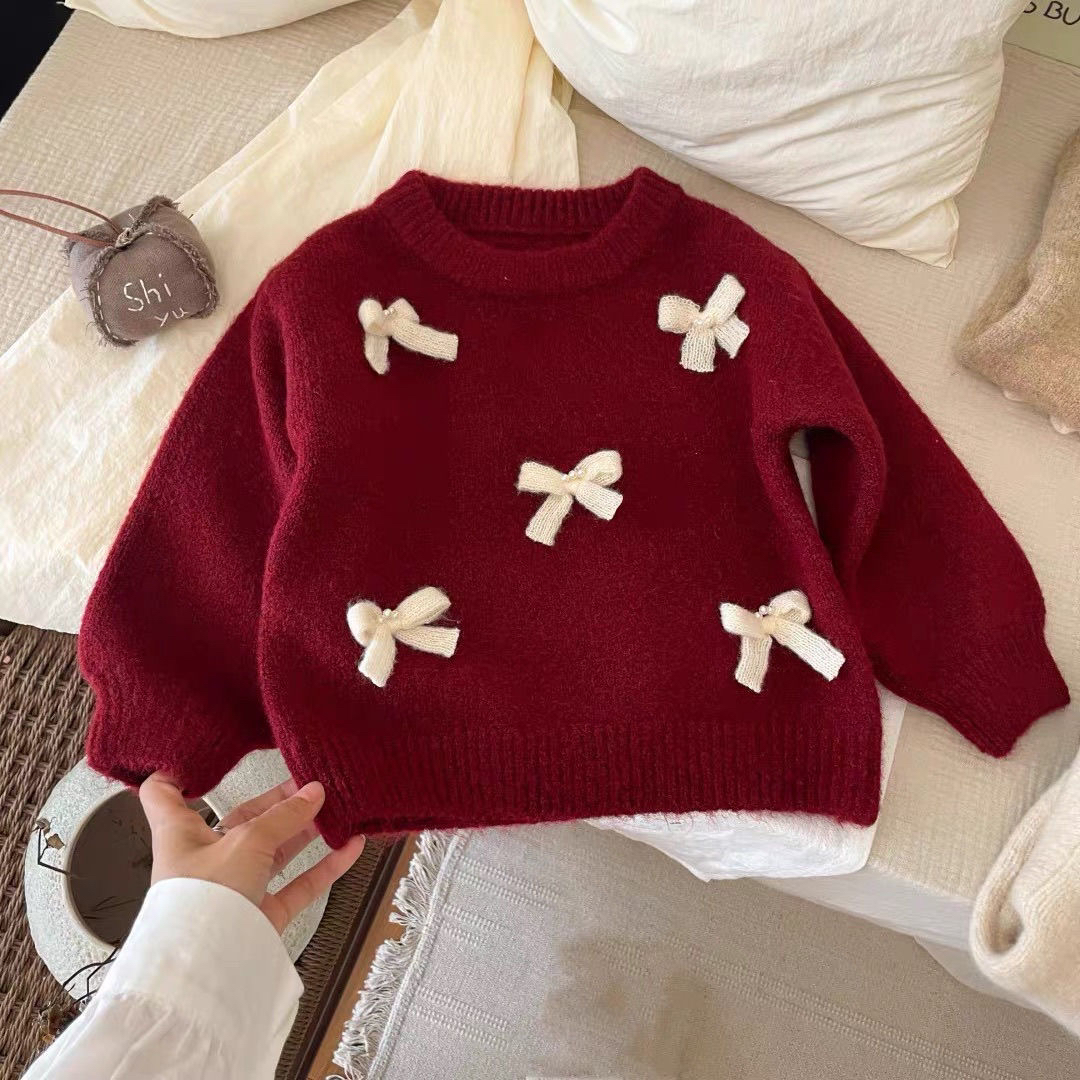女童蝴蝶结毛衣韩系秋冬装2024新款女宝宝针织衫公主小童毛线上衣