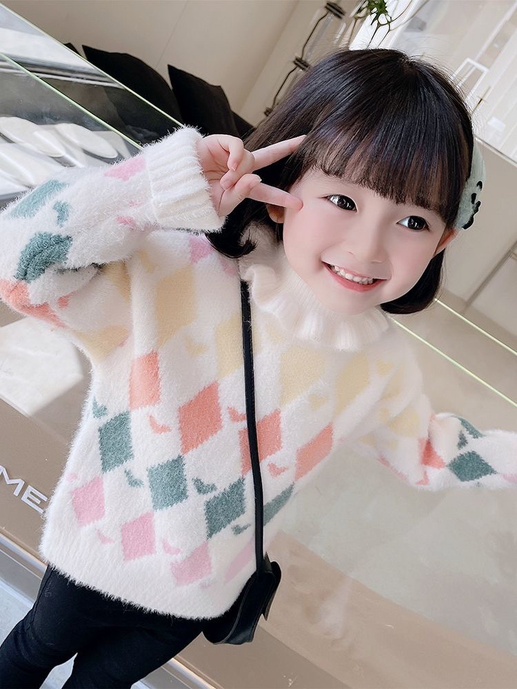 女童毛衣秋冬新款洋气儿童针织衫半高领冬装女宝宝加厚水貂绒线衣