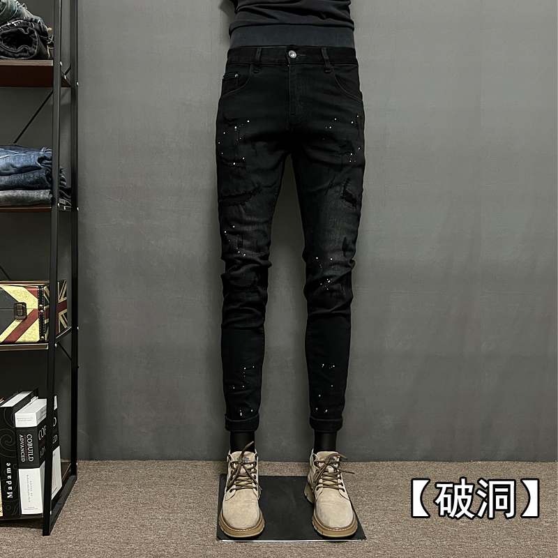 破洞牛仔裤男士黑色潮款漆点韩版修身小脚裤秋冬款男裤子2023新款