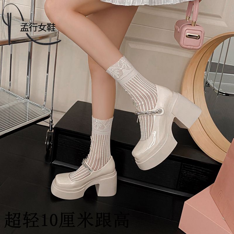 超轻10cm厚底高跟漆皮百搭玛丽珍单鞋春秋复古小众法式白色粗跟鞋