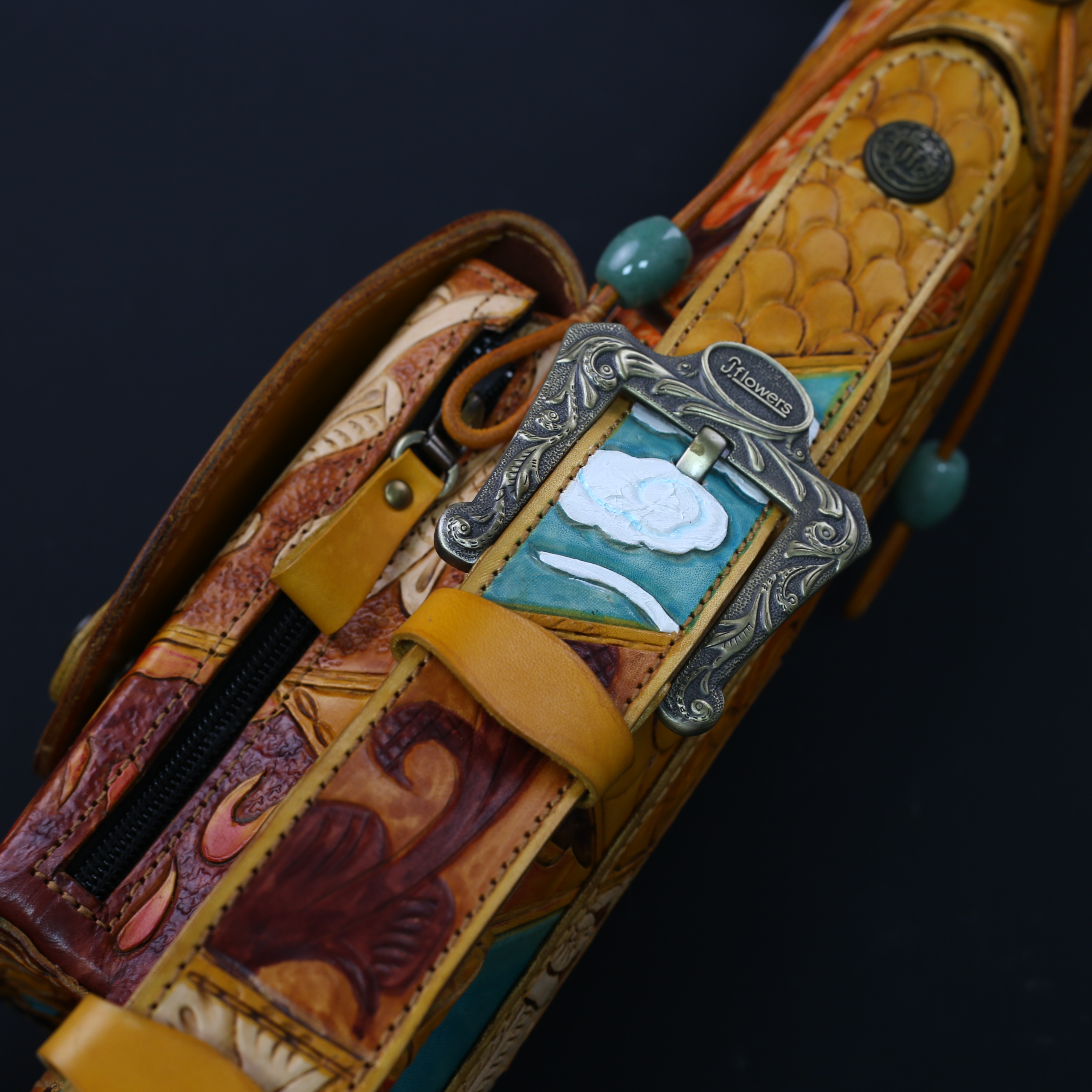 JF层层叠锦牛皮多孔杆桶手工皮雕六孔杆包九球杆筒