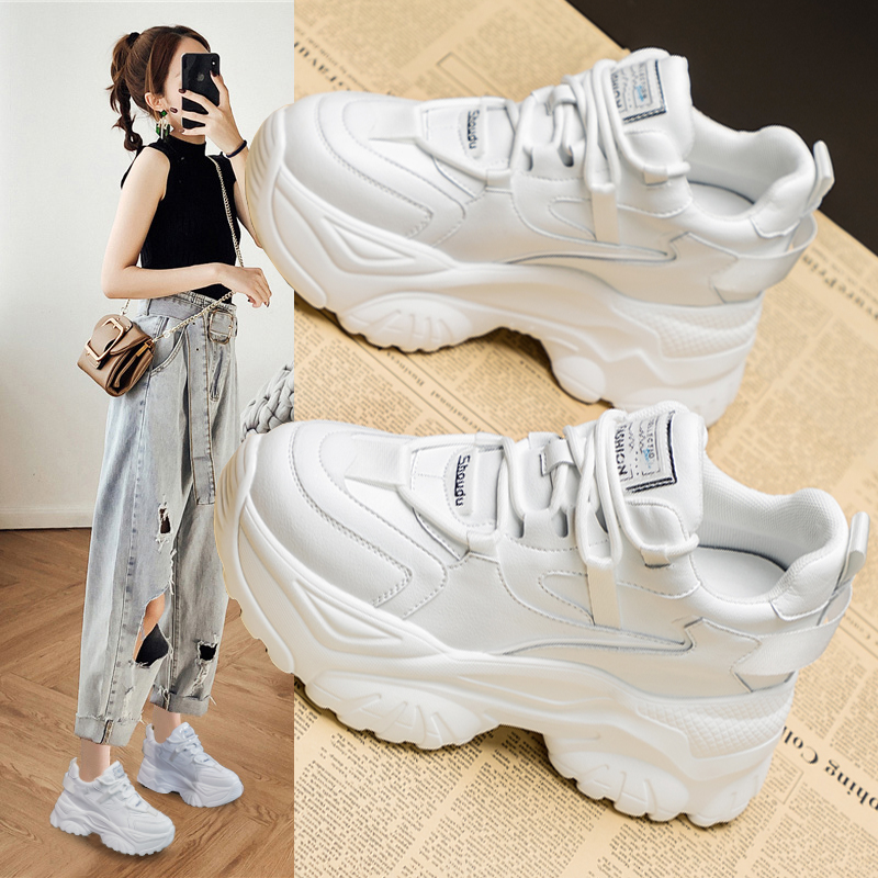 红蜻蜓牌白色老爹鞋女2023新款内增高8CM皮面头层牛皮百搭显脚小