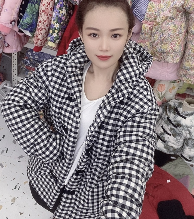 女士连帽款盘扣棉花棉袄（格子）