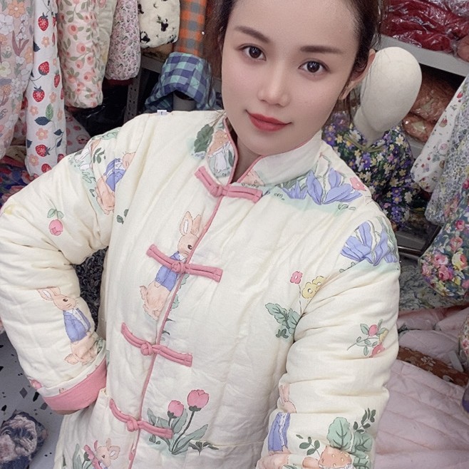 女士对襟无帽款棉花棉袄冬季国风加厚保暖修身长袖复古盘扣外套