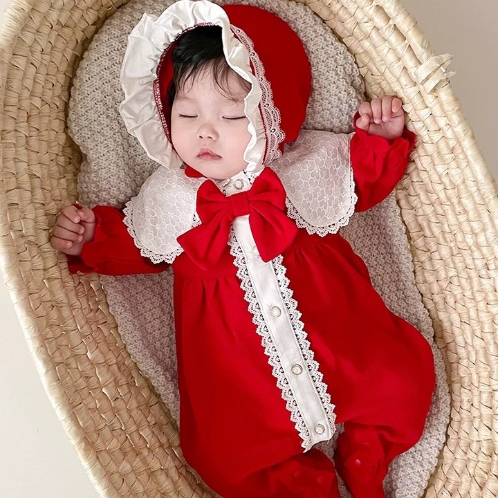春装新款婴幼儿女宝宝公主红色百天周岁服连体衣哈衣长袖送帽子
