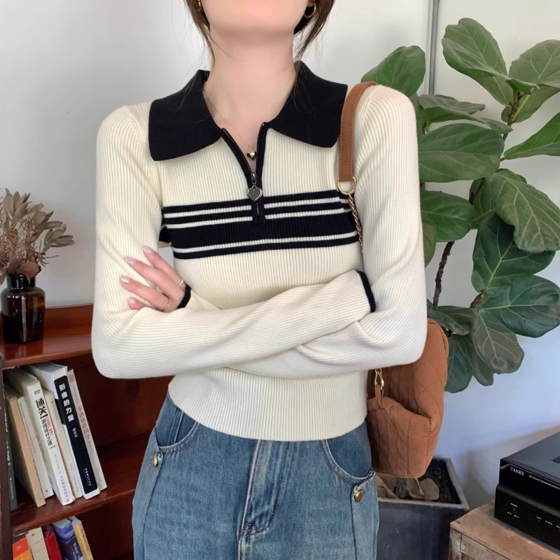 气质拉链百搭领时尚长袖打底针织毛衣女早秋新款修身显瘦洋气秋冬