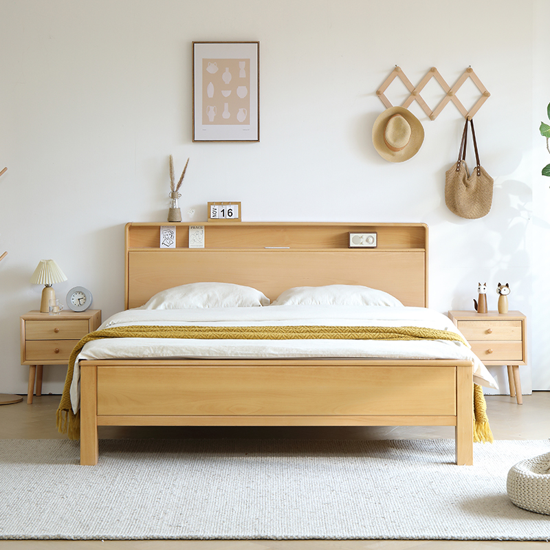 原始森林889#实木原木榉木床夜光灯现代简约北欧卧室储物双人大床