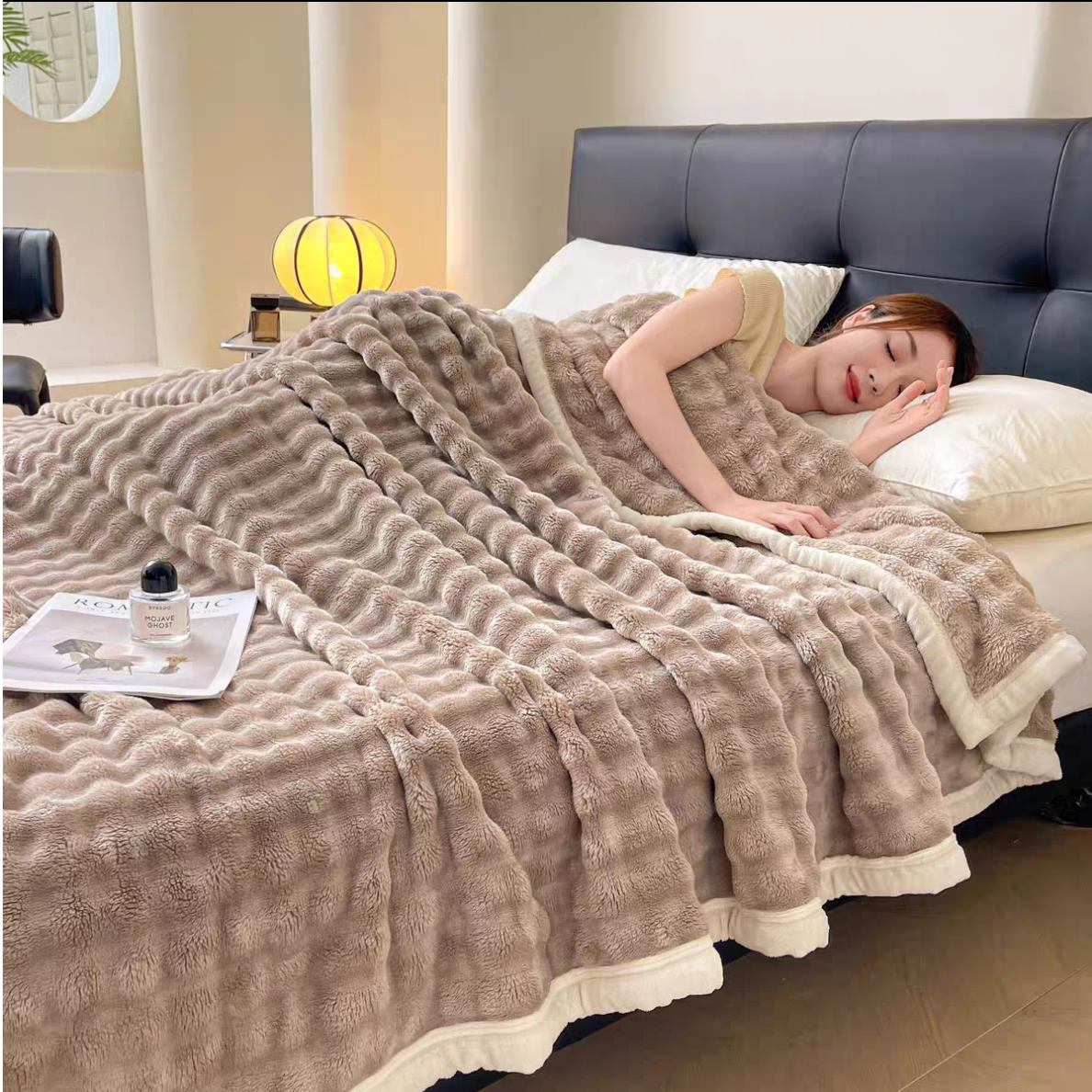 2.3*2米【卡其兔兔泡泡床盖毯】高克重立体提花仿兔毛毯被jan17*