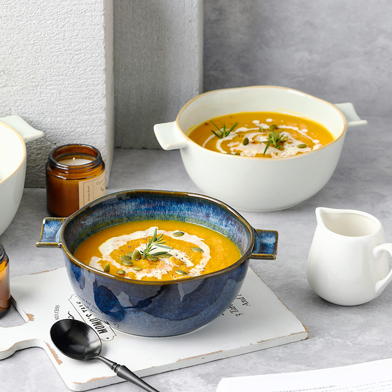 彩色窑变釉陶瓷餐具双耳汤碗拉面泡面碗防烫个性单个汤盆