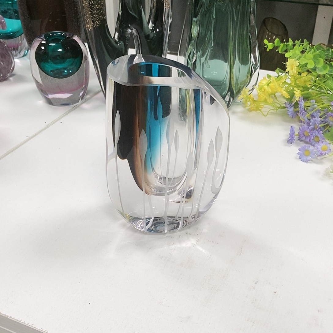 琉璃三色磨刻花瓶摆件家居高19