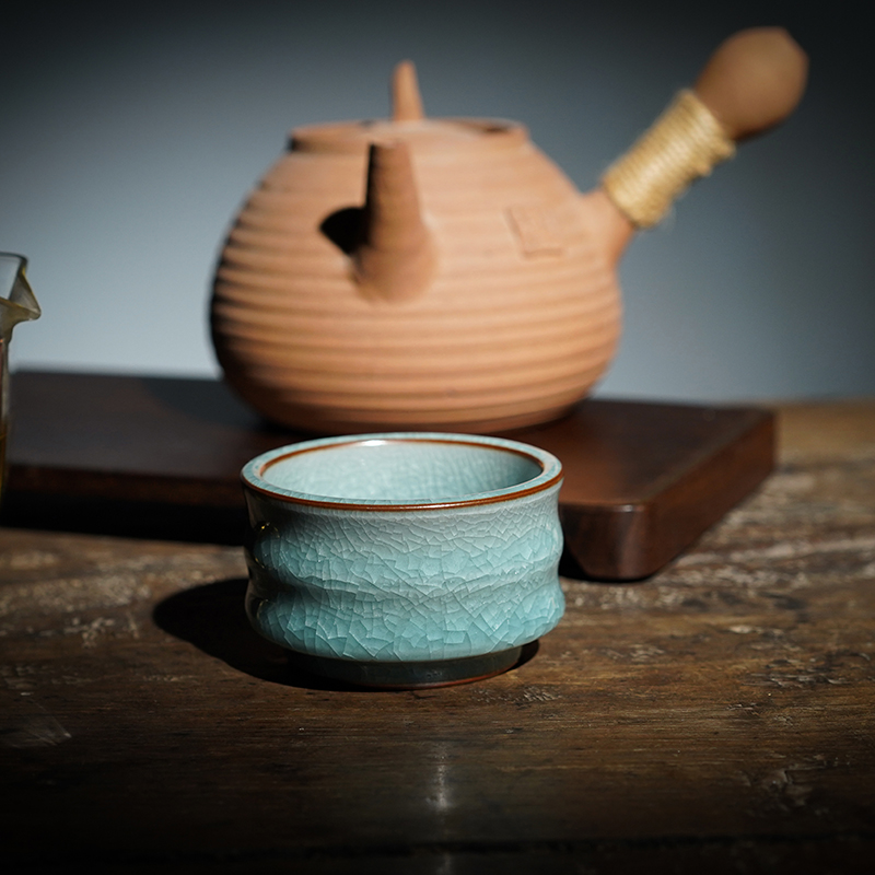 龙泉青瓷主人杯哥窑冰裂纹竹节杯复古陶瓷茶具精致品茗杯手工杯