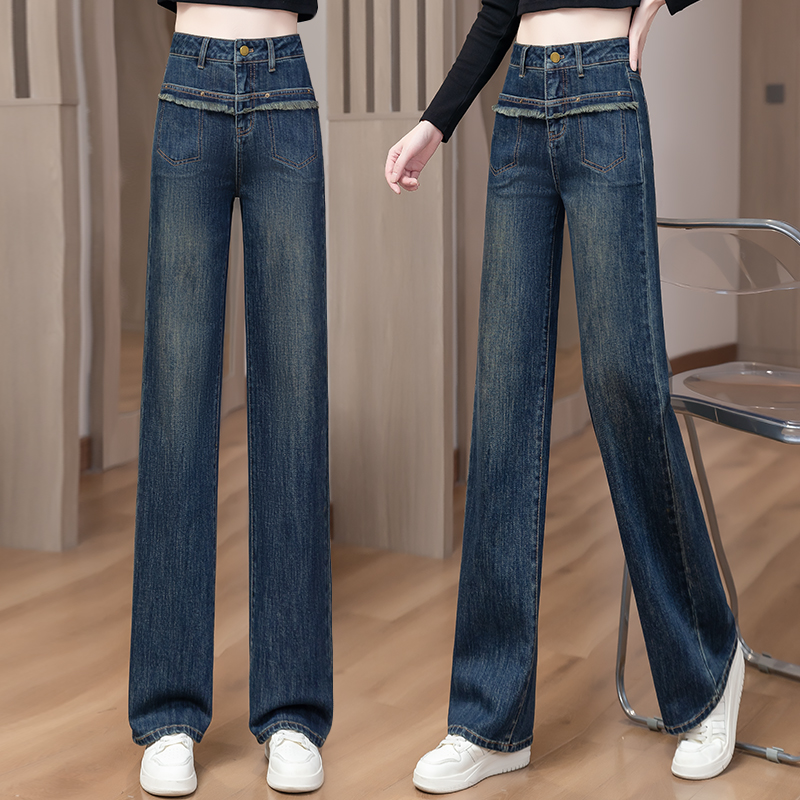 2024年秋季新款垂感牛仔裤流苏口袋边高腰时尚宽松窄版阔腿裤女