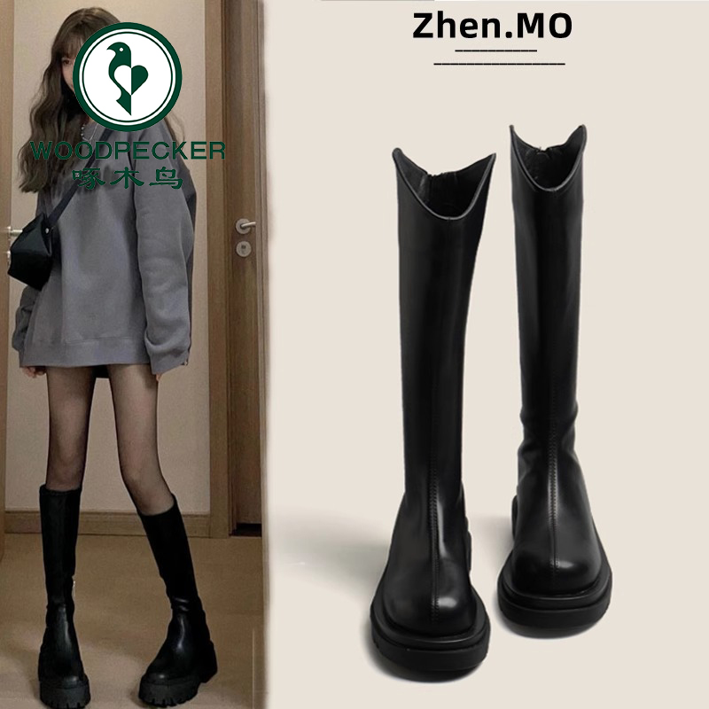 啄木鸟长筒靴女2025新款春秋厚底高筒骑士靴瘦瘦女靴子小个子长靴