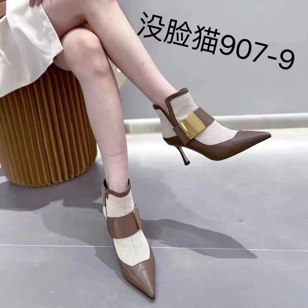 没脸猫秋冬细跟尖头真皮百搭气质方扣侧拉链时尚单里女靴907-9