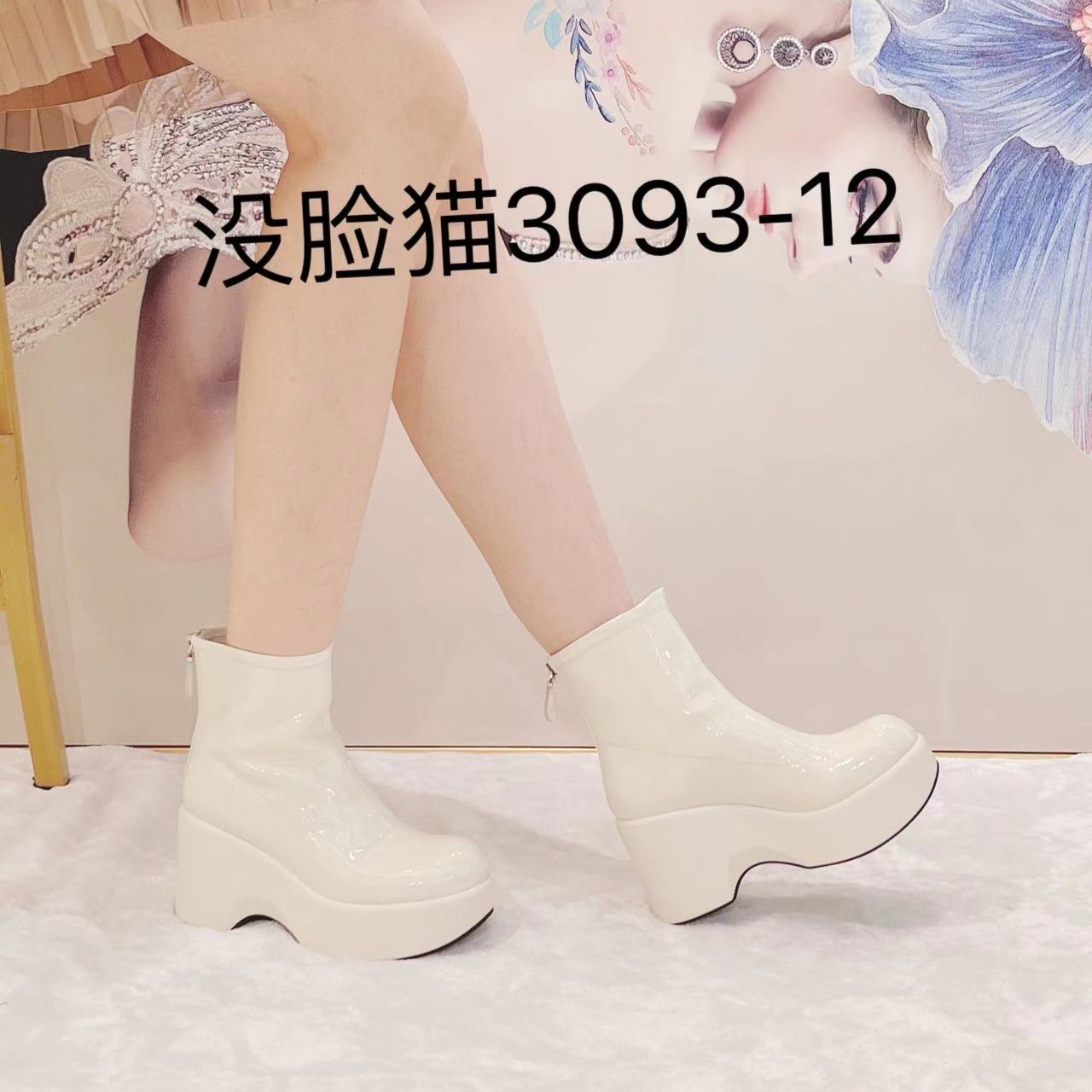 没脸猫秋冬时尚百搭厚底圆头高跟靴子3093-12