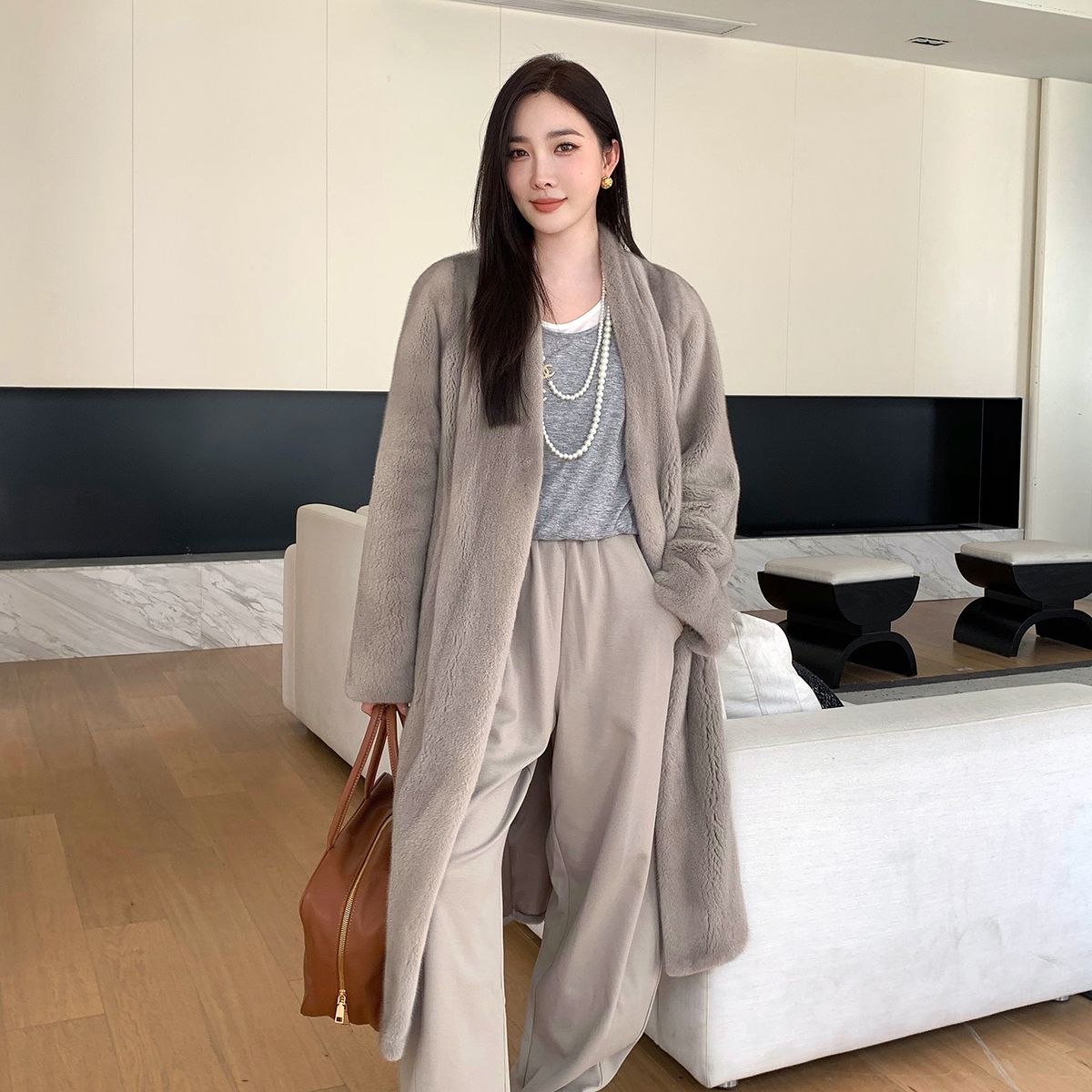【衣梦金貂】进口貂皮大衣女V领长款整貂水貂皮草貂皮大衣女外套