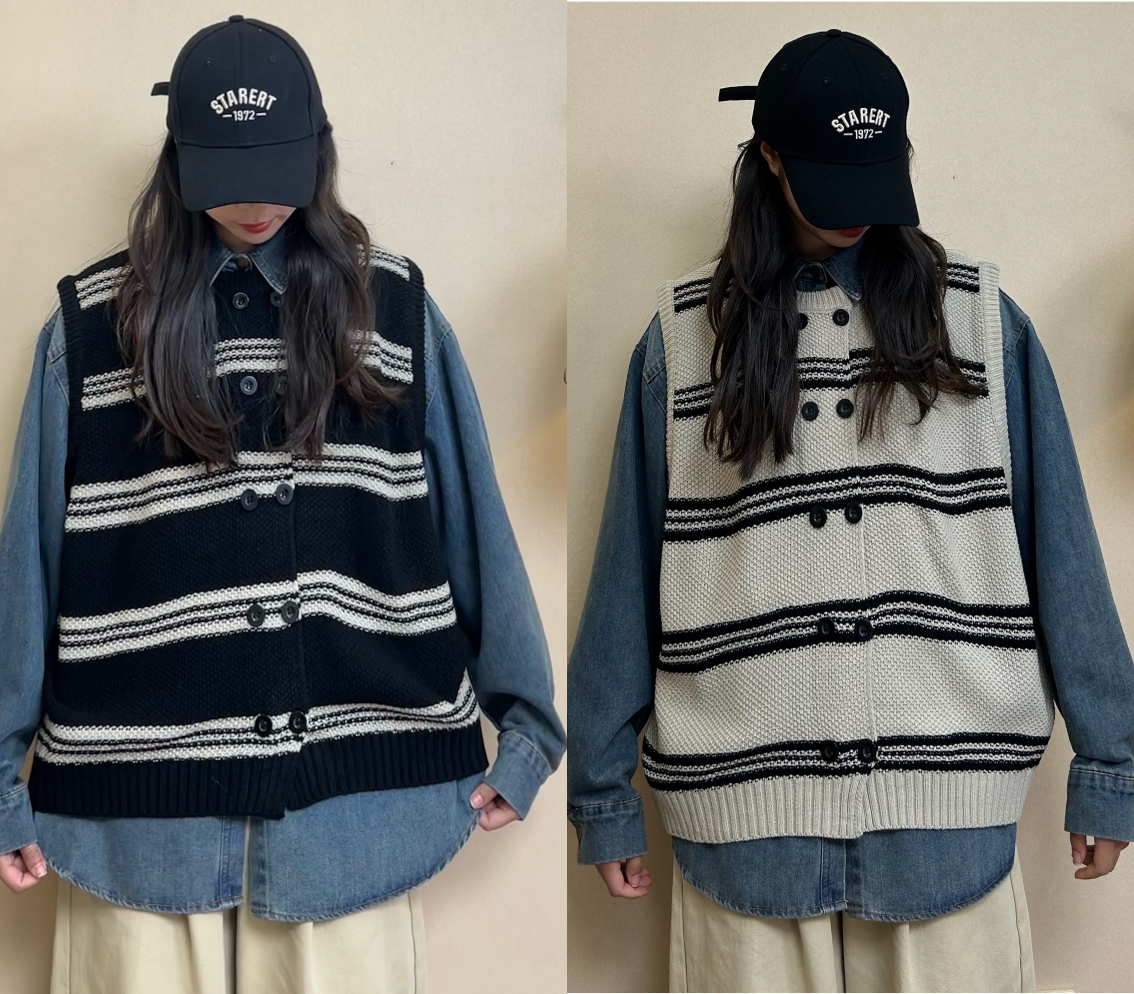 春季新款宽松大版休闲百搭针条纹马甲（2432）