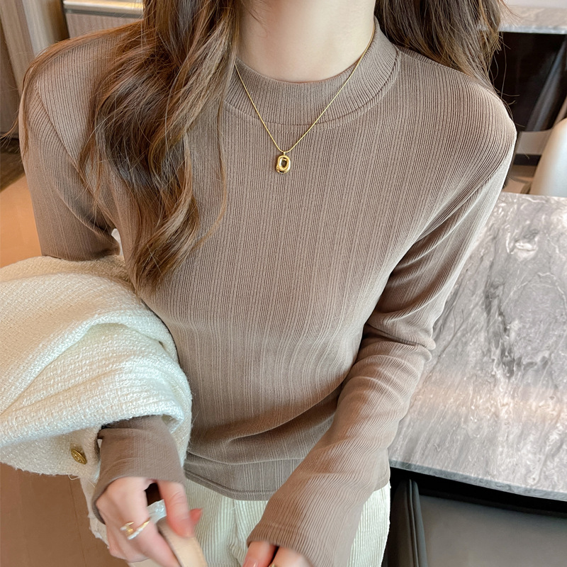 秋冬季磨毛椰绒小立领正肩内搭打底衫女德绒可外穿高级感上衣t恤