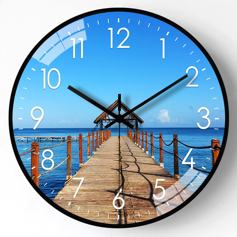 风景海阔天空挂钟静音创意时尚家用简约墙上客厅挂墙时钟免打孔