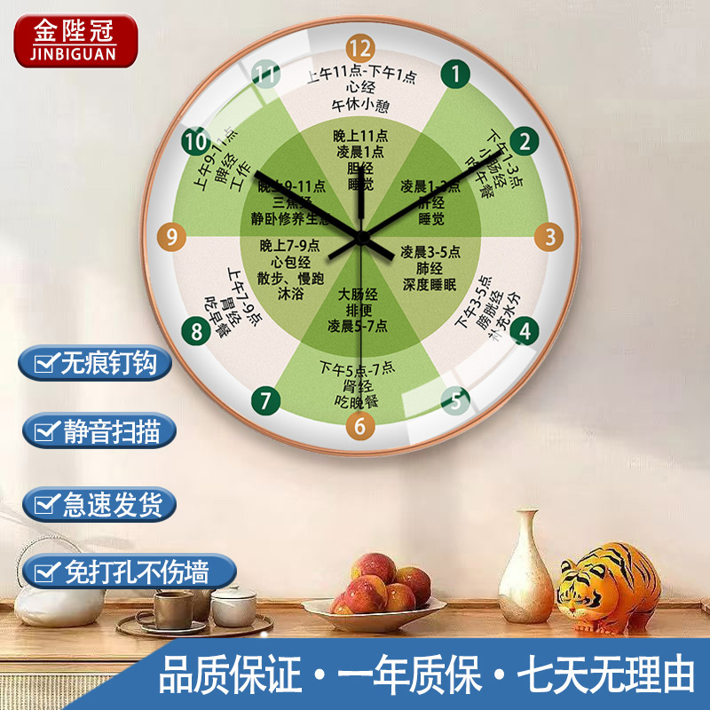 养身挂墙时钟美容院中医药店静音创意免打孔超静音无痕石英钟表