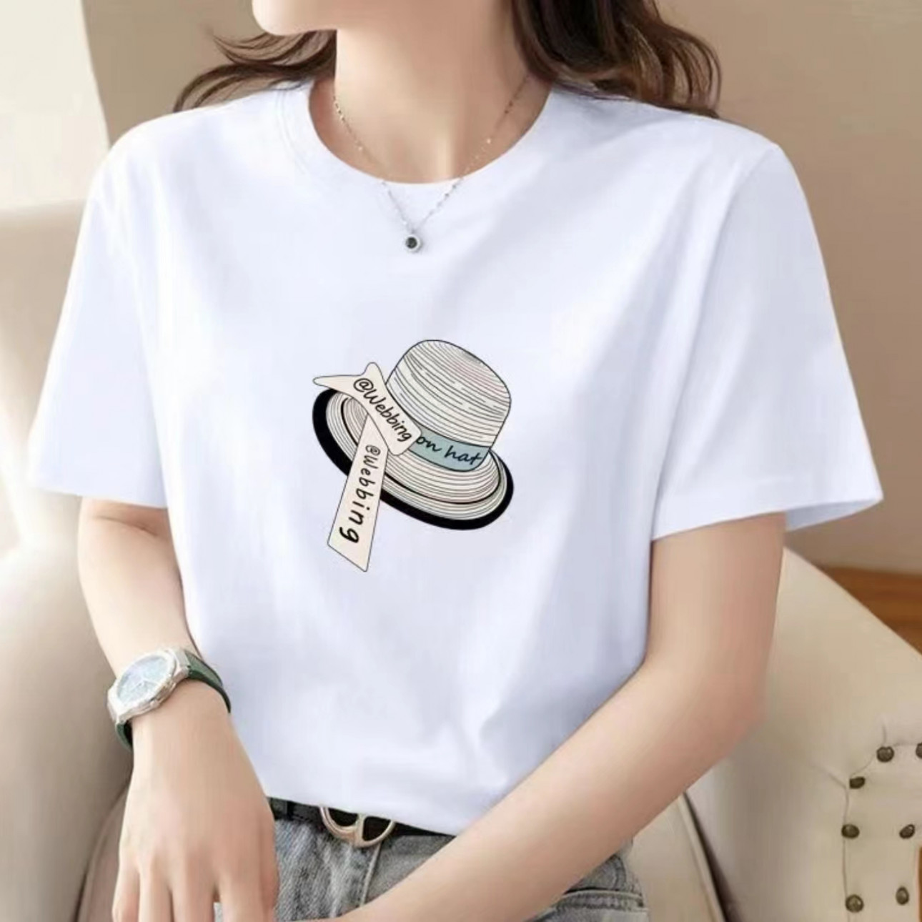 夏季短袖男女休闲透气时尚百搭圆领印花T恤 草帽