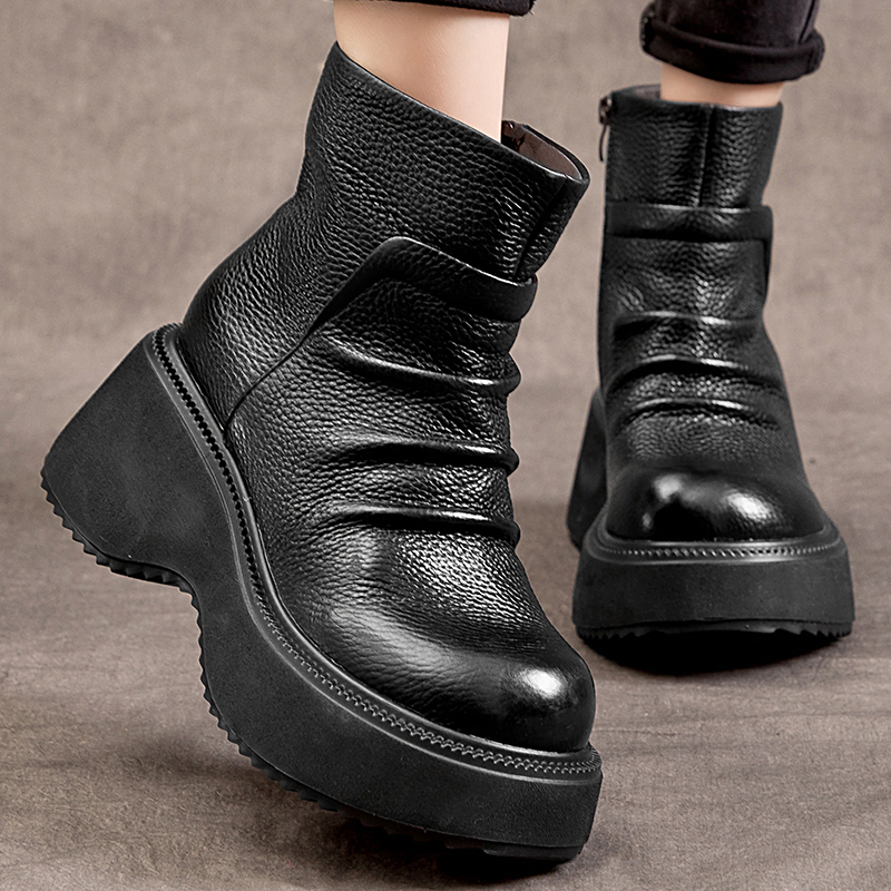 嫔妃丽人头层牛皮复古民族风大头靴皱皱厚底舒适真皮时尚百搭女靴