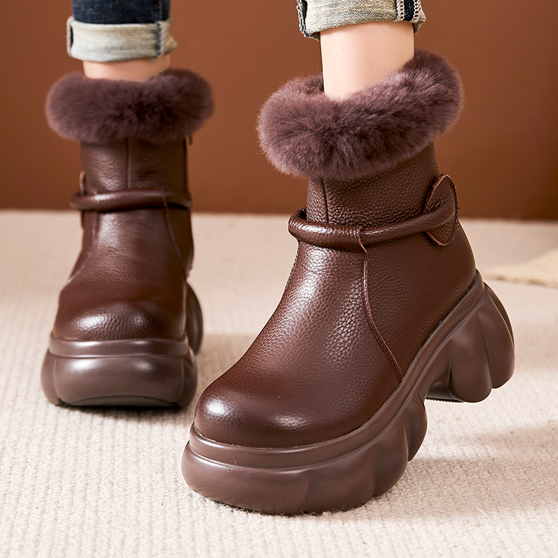 嫔妃丽人头层牛皮冬季百搭舒适百搭真皮加绒女靴兔毛口坡跟马丁靴