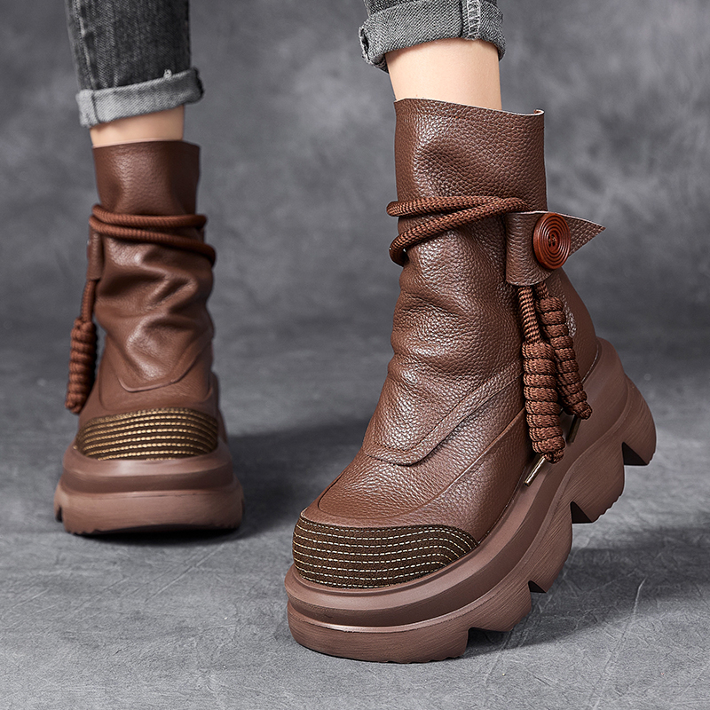 嫔妃丽人头层牛皮简约英伦风厚底妈妈鞋子60-70岁软底防滑真皮