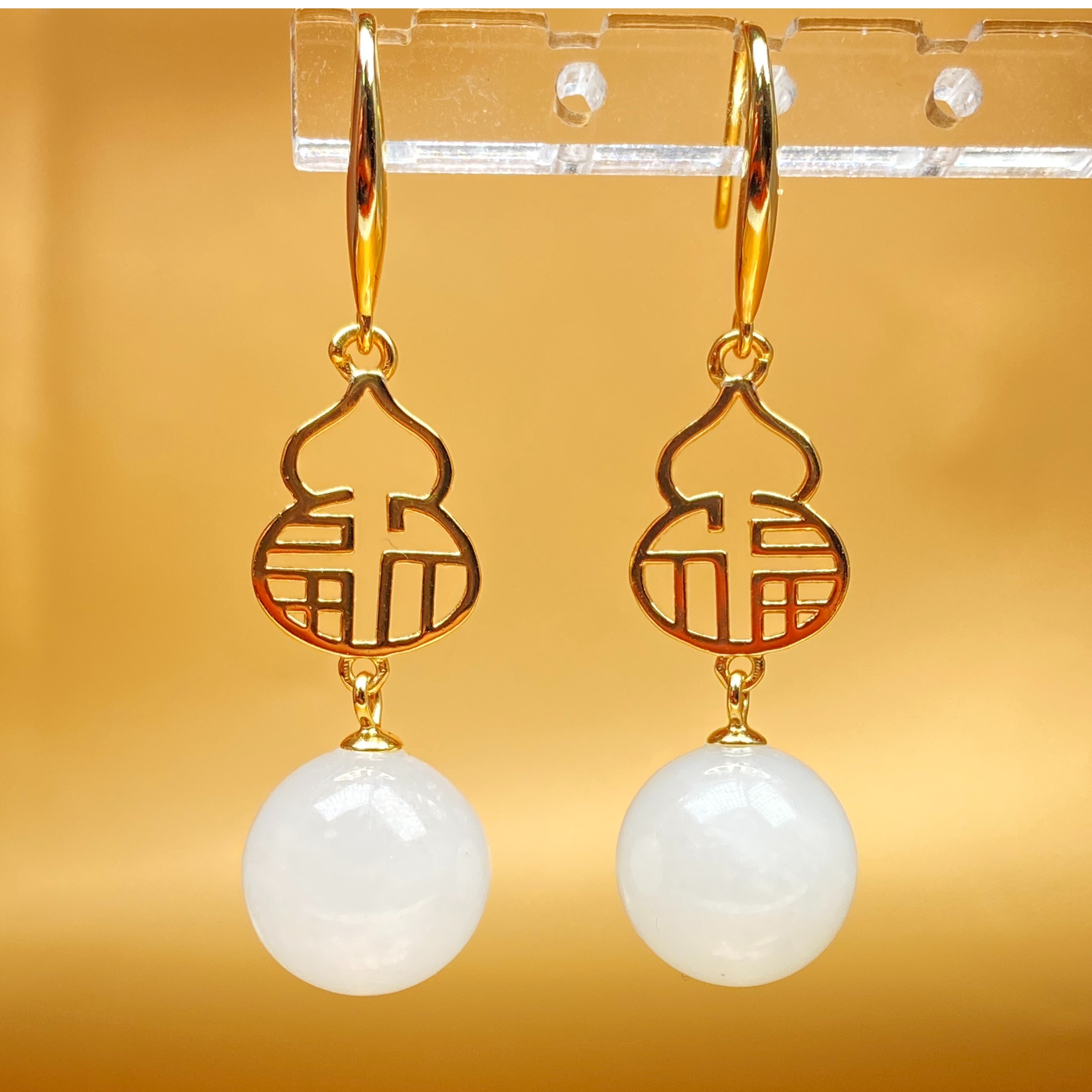 「福气圆满耳坠」12mm新疆和田玉耳饰S925银福禄耳钩新中式送妈妈