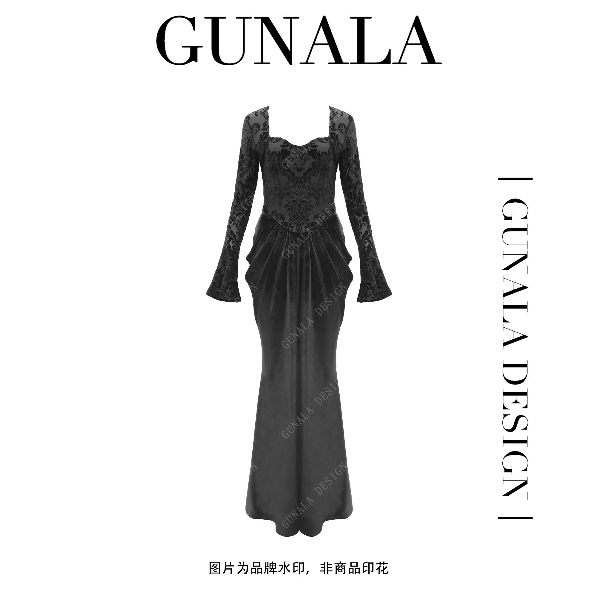 灵感缪斯复古轻奢感绒面方领鱼尾裙-E236