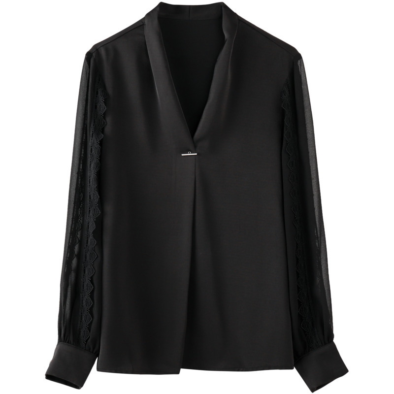 2023秋季新款V领女装韩版小众长袖洋气绣花雪纺衬衫女