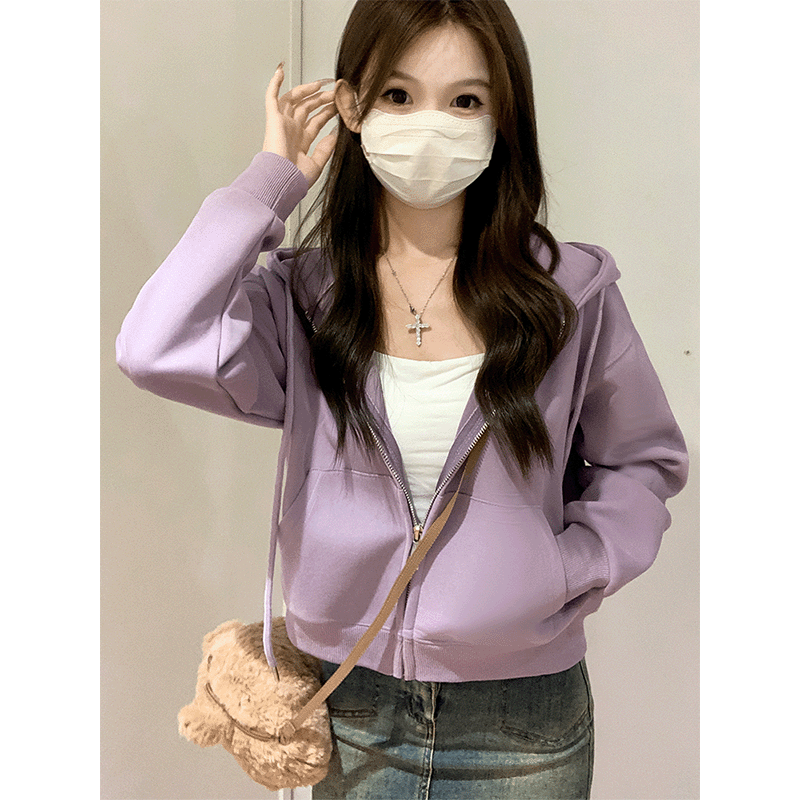 紫色宽松连帽拉链卫衣外套女春秋爆款2025新款小个子长袖上衣即墨