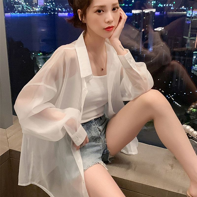 2023防晒衣女开衫外套夏透气韩版宽松雪纺薄款长袖防晒服白色衬衫