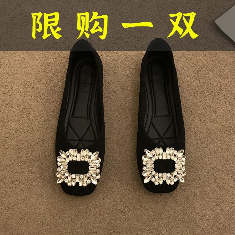 达芙妮沿荐方头绸缎水钻浅口单鞋女平底鞋2023春夏新款软底网红瓢