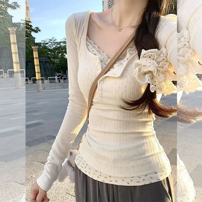 纯欲辣妹风打底蕾丝衫T恤女春秋季修身显身材假两件长袖体恤上衣