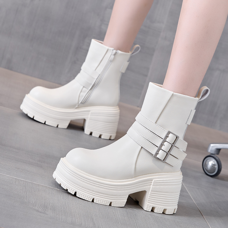 【小辣椒公主9CM增高跟】中筒马丁靴女小个子秋冬英伦粗跟厚底短靴