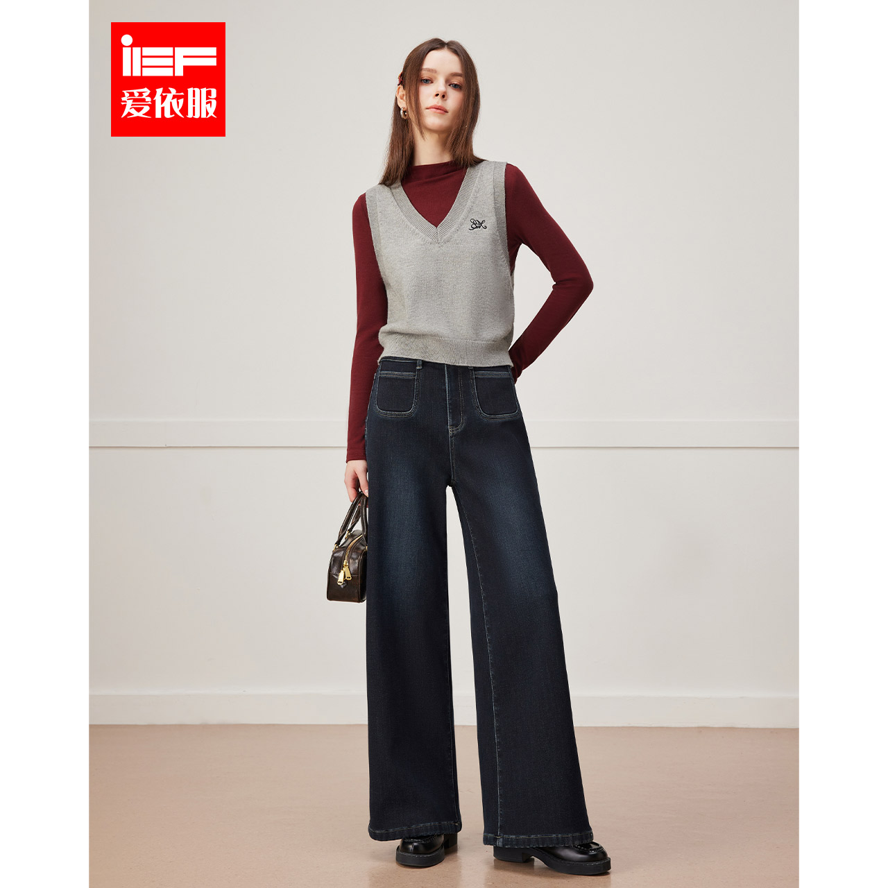 IEF/爱依服【长岛海风】2025冬季新款韩系通勤加绒保暖牛仔阔腿裤