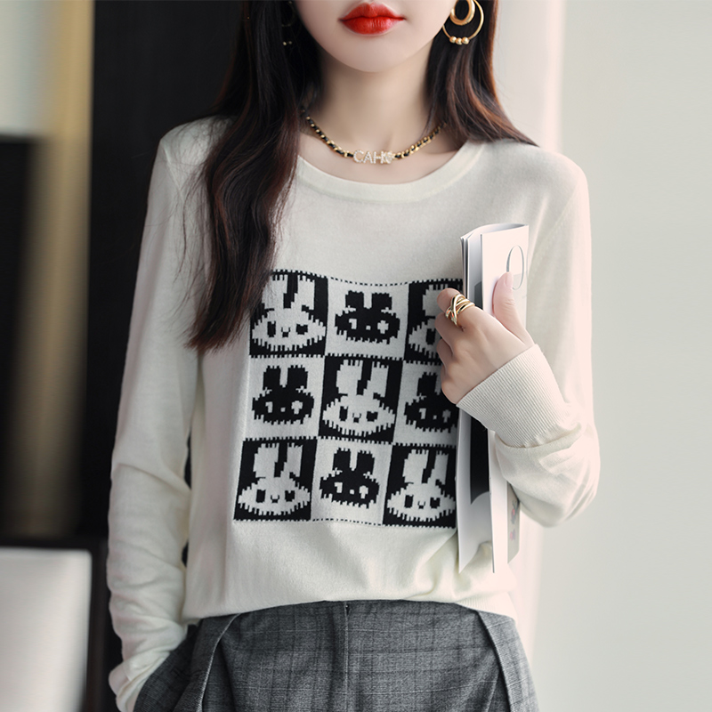 新款精纺羊毛桑蚕丝莱赛尔圆领套头提花兔子长袖T恤打底衫女薄款