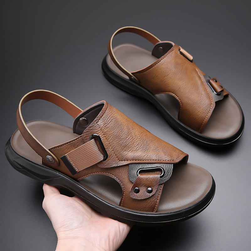 夏季男款真皮时尚百搭大码男士休闲夏季透气软底外穿沙滩鞋户外