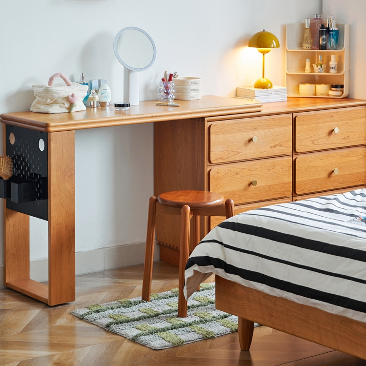 实木斗柜梳妆台一体伸缩樱桃木卧室床尾收纳柜日式化妆台转角书桌