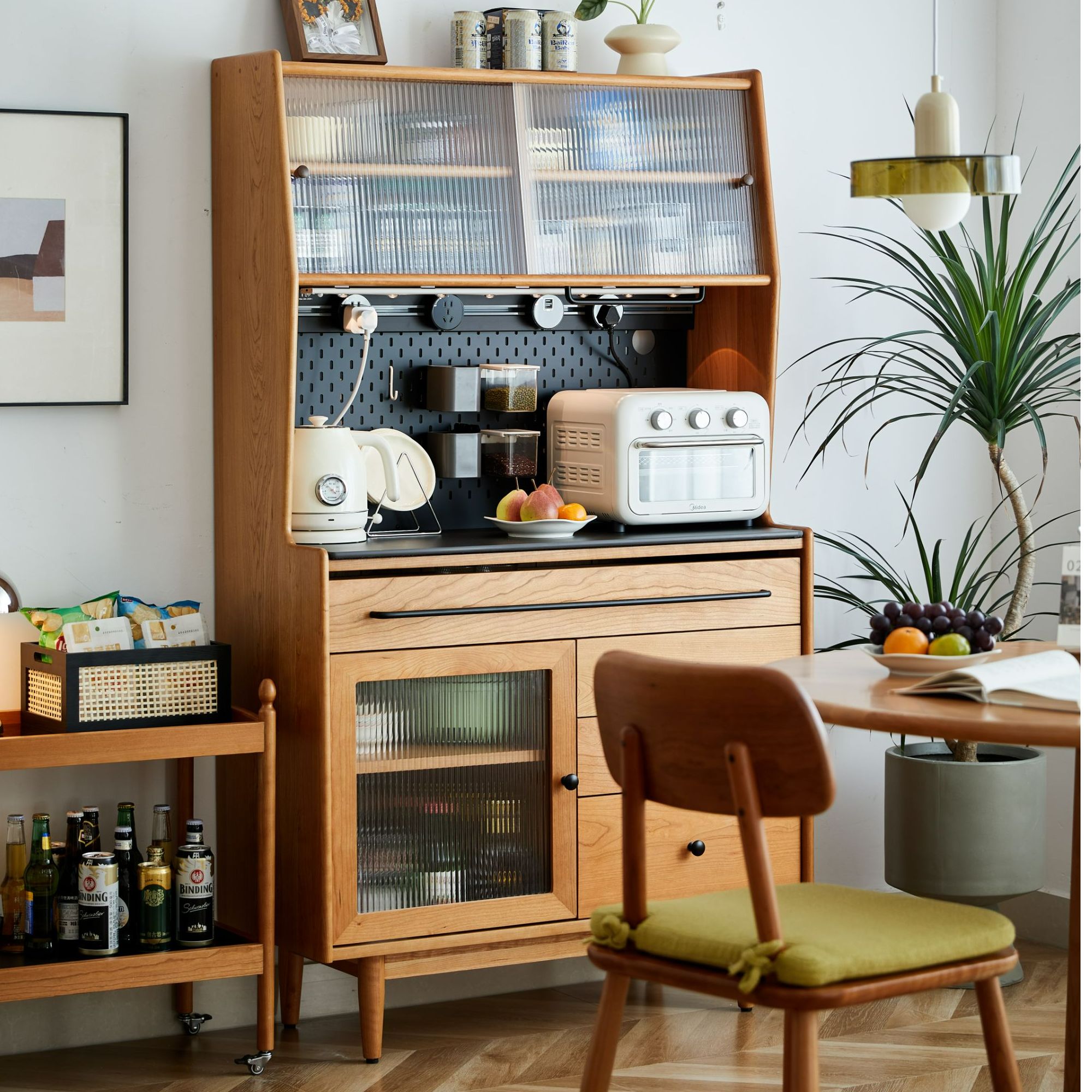 实木餐边柜樱桃木厨房客厅一体靠墙小户型轻奢咖啡机柜岩板储物柜