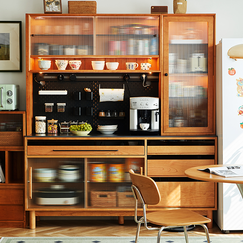 餐边柜实木岩板置物柜厨房餐厅柜子靠墙一体矮柜樱北欧桃木储物柜