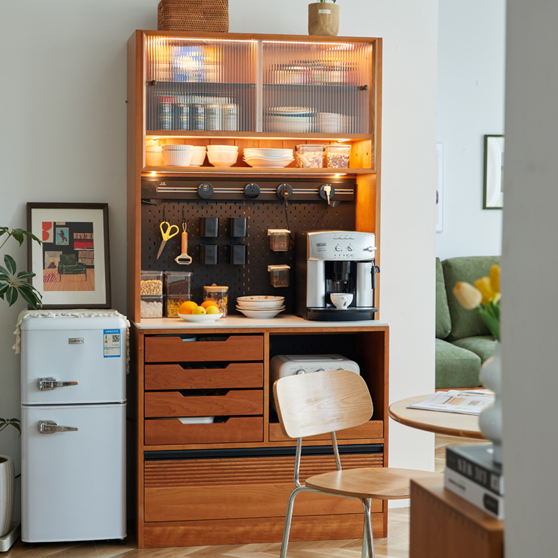 实木餐边柜一体靠墙樱桃木厨房橱酒柜岩板咖啡机柜储物碗柜茶水柜