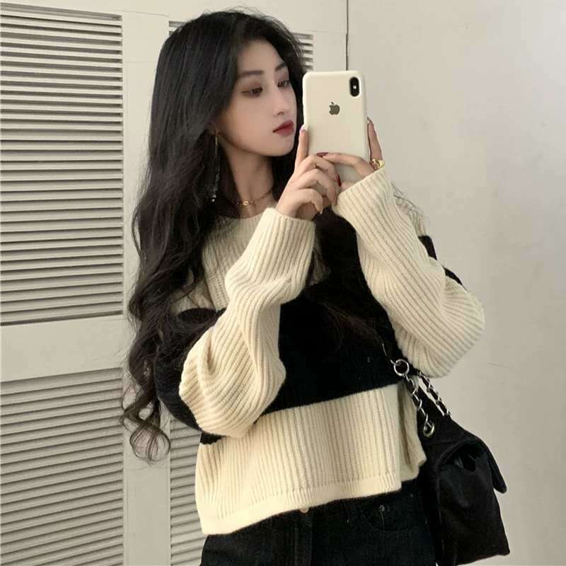 条纹毛衣复古港风女外穿宽松韩版ins潮慵懒风短款针织衫森系外套