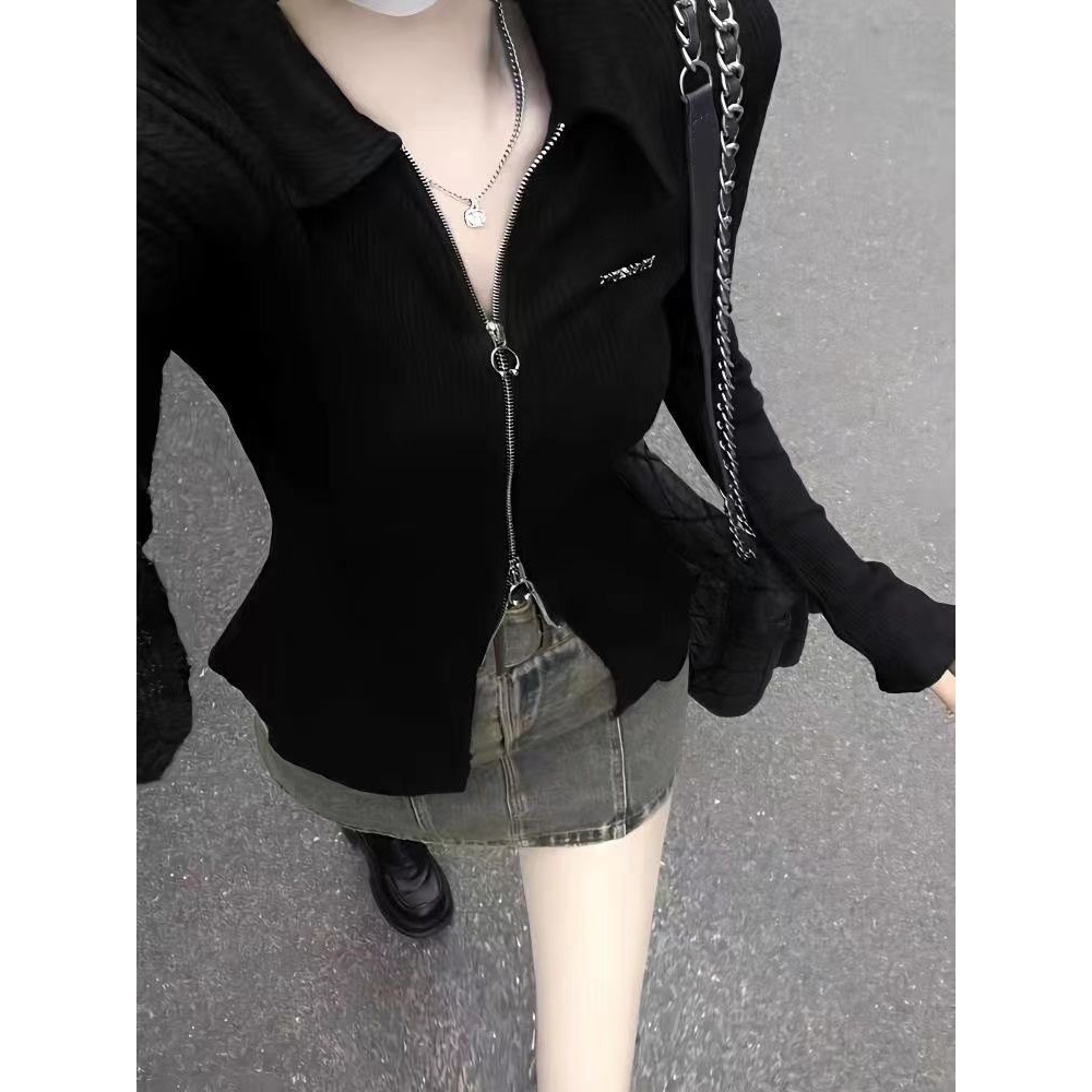 春秋新款显瘦设计感小众拉链辣妹T恤女Polo领修身气质长袖上衣ins