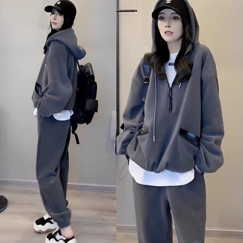300斤大码胖MM春季休闲运动套装时尚连帽卫衣卫裤洋气显瘦两件套