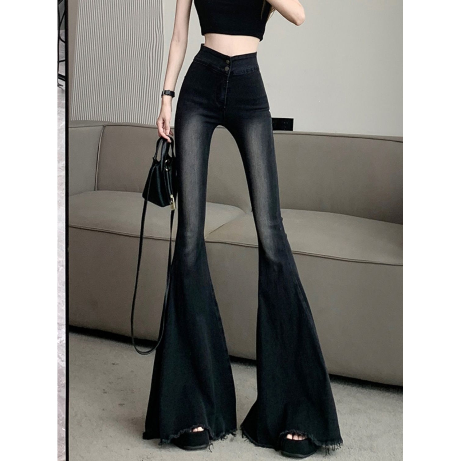 胖mm复古毛边大喇叭阔腿牛仔裤女大码辣妹紧身渐变毛边拖地长裤子