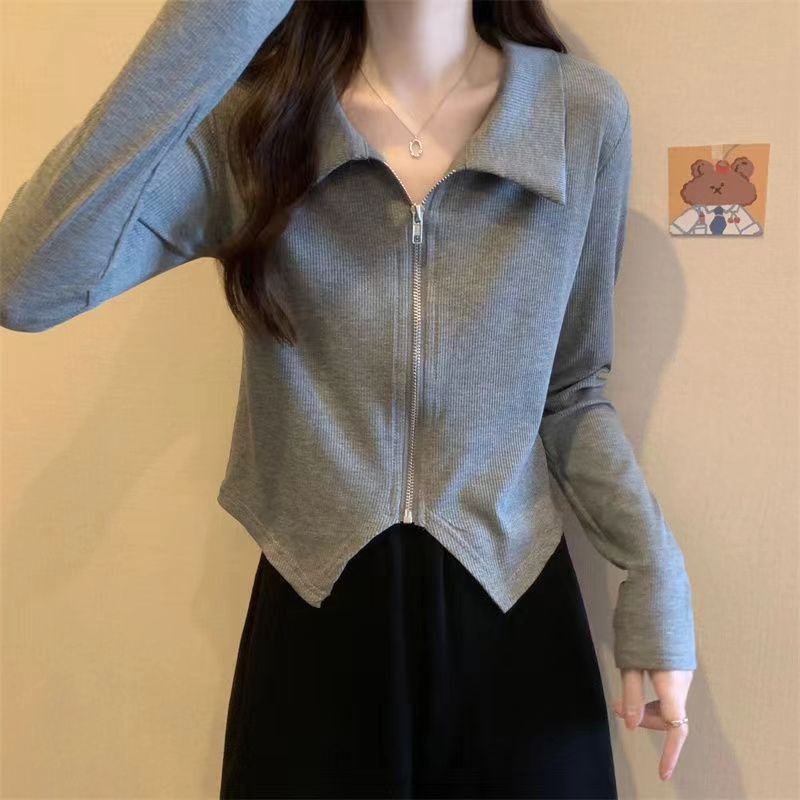 高级新款早秋季女装洋气Polo领不规则长袖T恤显瘦拉链开衫上衣